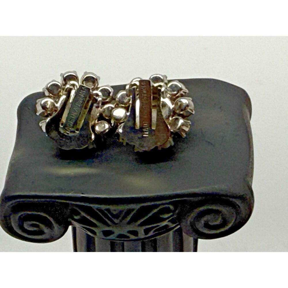 Austria Rhinestone Earrings Vintage Clear Crystal Cluster Floral Clip On Silver - Picture 4 of 7